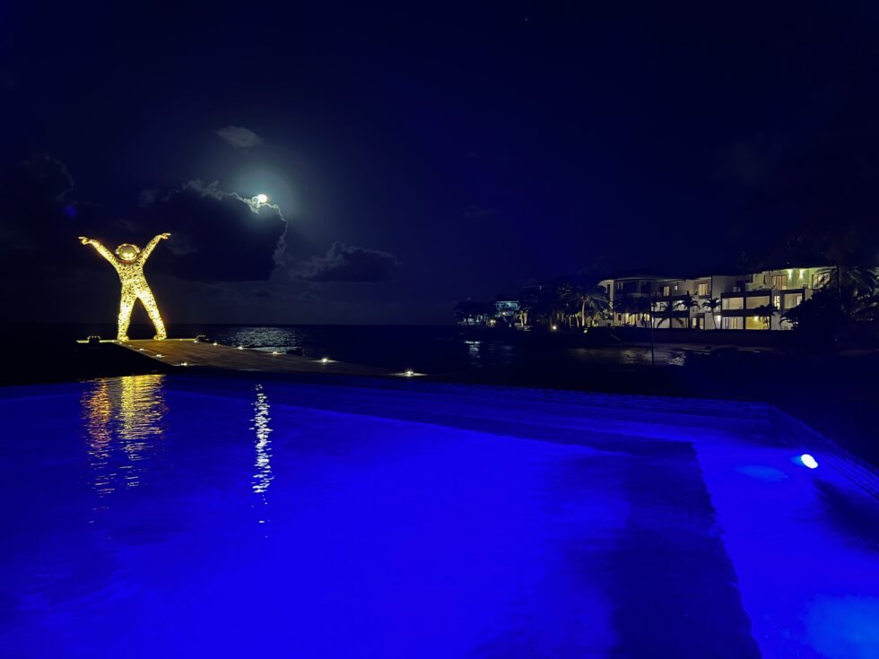 Infinity pool with feature uplighting at night